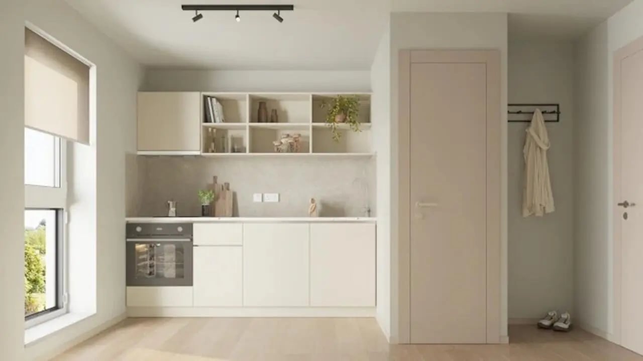 Modern kitchen with cabinets oven and shelves kitchen at Apollo Court in Liverpool Student Accommodation