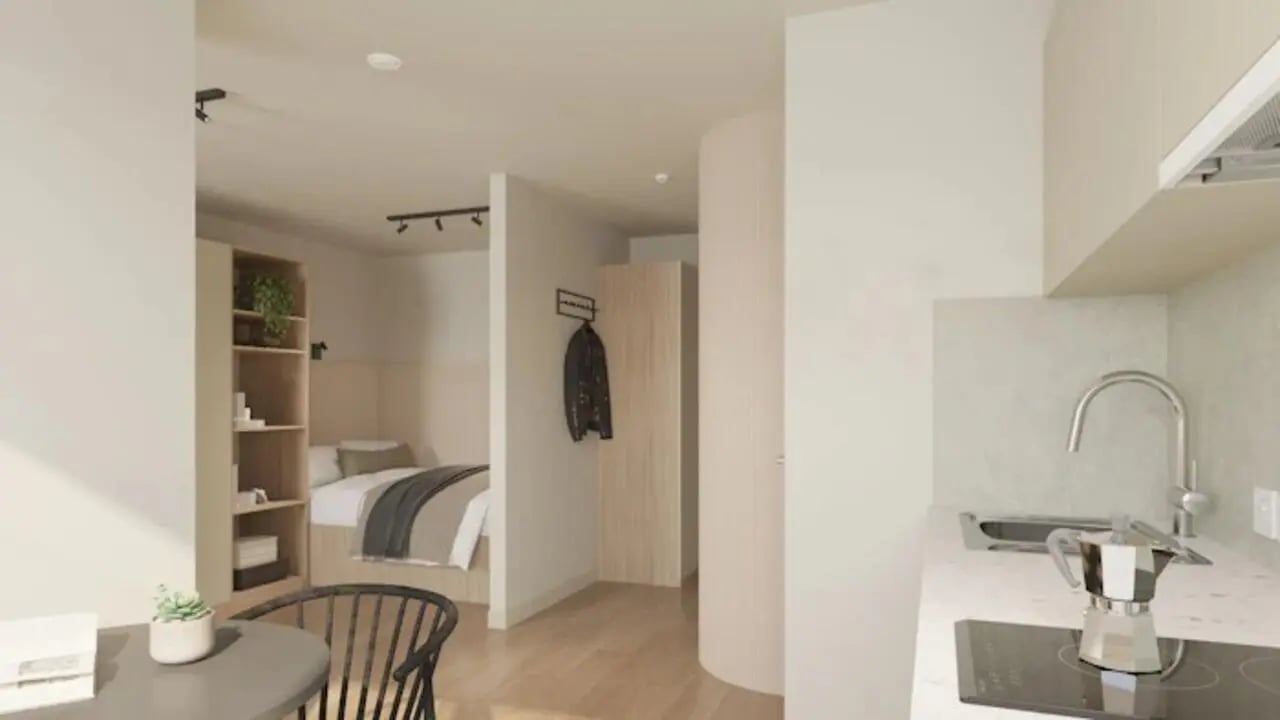 Bed sink shelves and jacket bedroom kitchen living room at Gibson Street in Glasgow Student Accommodation