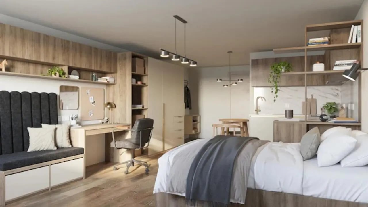 Bed desk seating area and small kitchen studio at Panmure Court in Edinburgh Student Accommodation