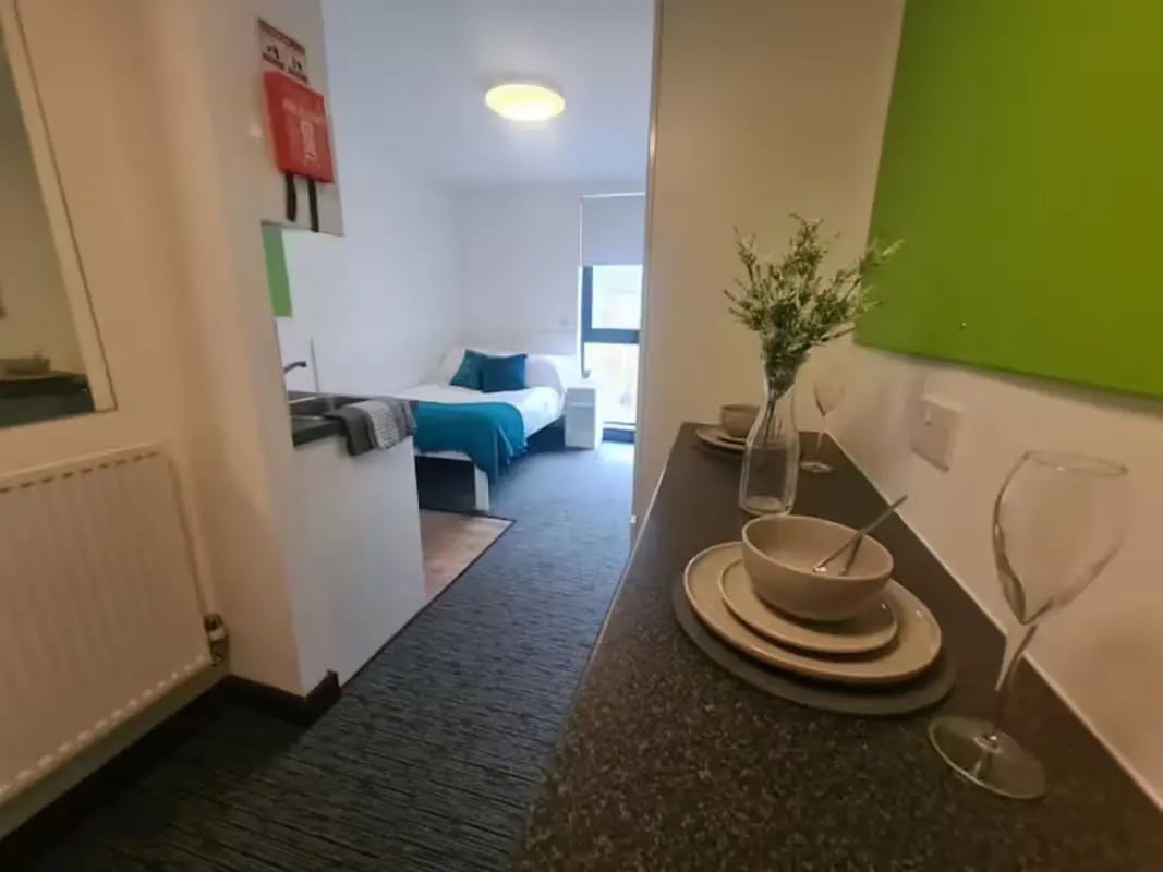 Bed sink radiator dishes vase and bed bedroom at St James Point in Newcastle Upon Tyne Student Accommodation