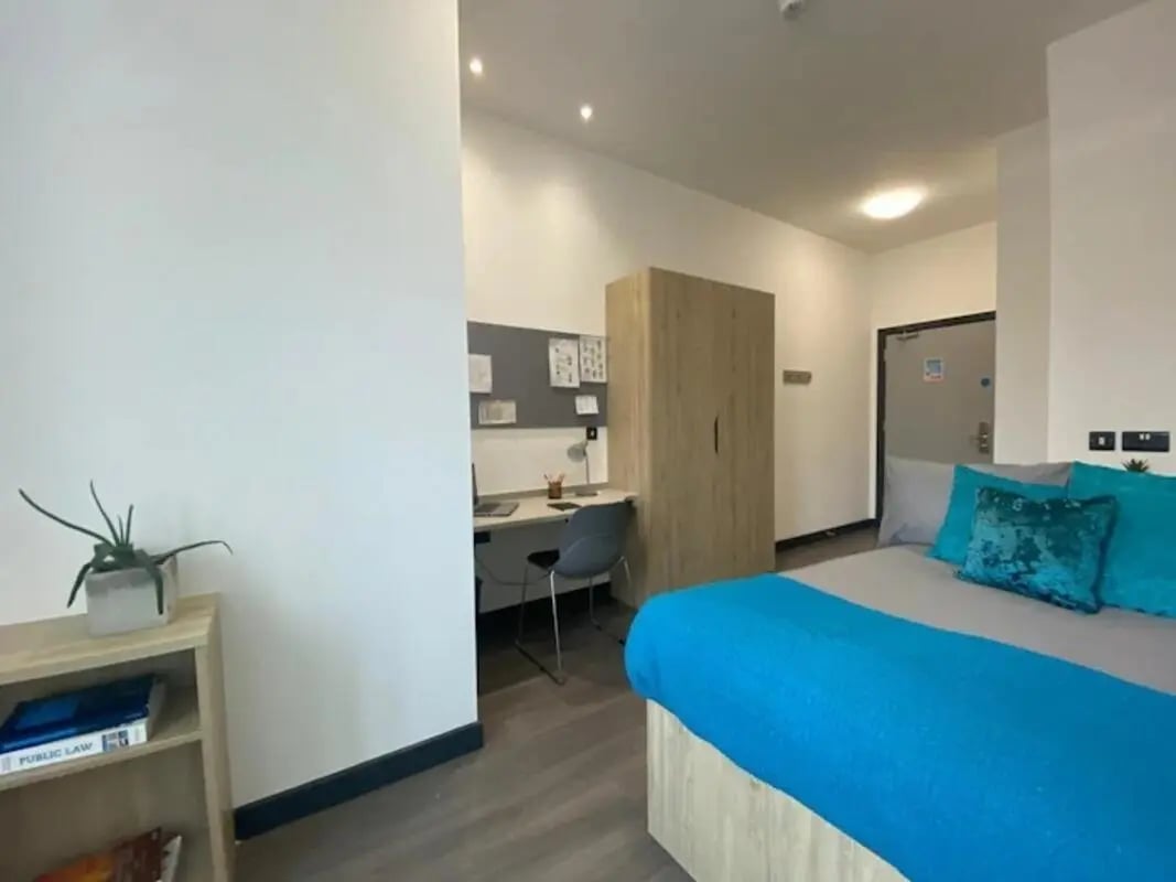 Bed desk wardrobe with plant and books bedroom at Swanston House in Belfast Student Accommodation