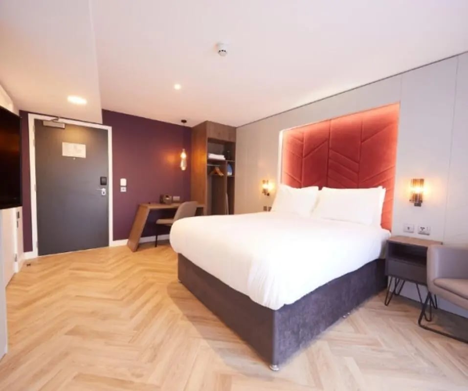 Bed desk closet and door bedroom at IconInc York City in York Student Accommodation