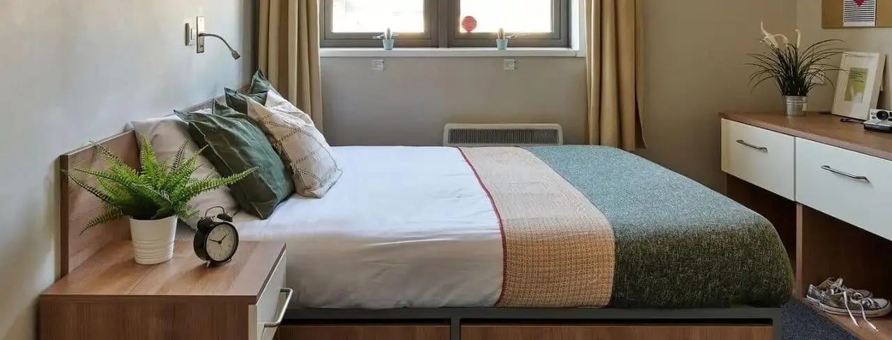 Bed with pillows plant and alarm clock Bedroom at Exeter Trust House in Exeter Student Accommodation