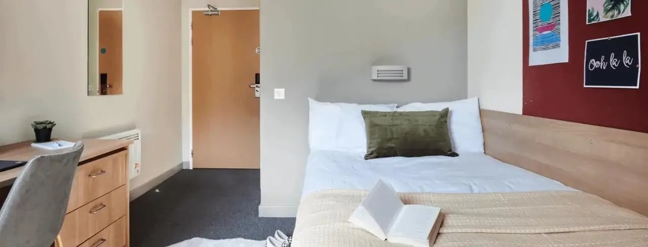 Bed desk and artwork bedroom at Northfield in Exeter Student Accommodation