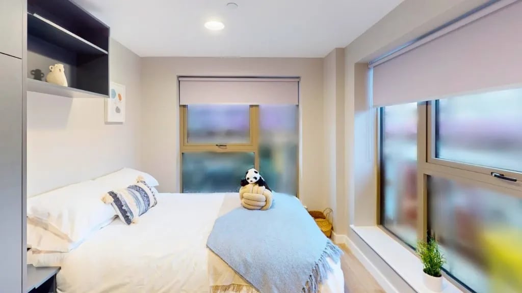 Bed with panda stuffed animal windows bedroom at Exchange Court in Leeds Student Accommodation