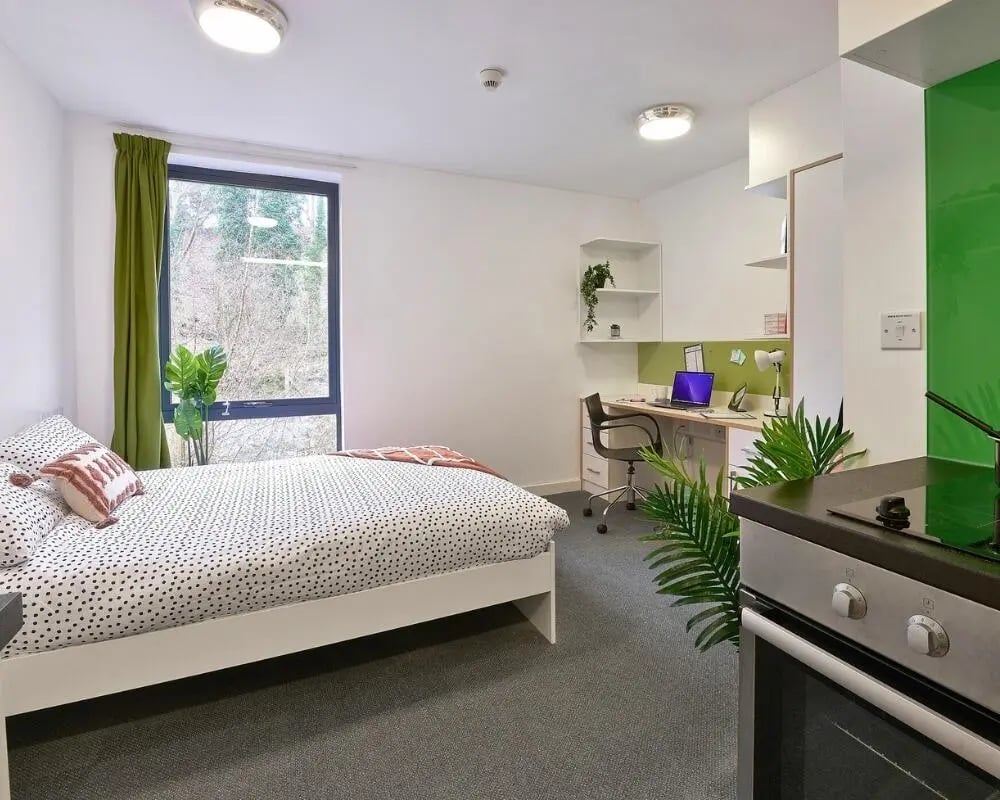Bed desk plants and oven bedroom and kitchen at The Village at The Viaduct in Durham Student Accommodation