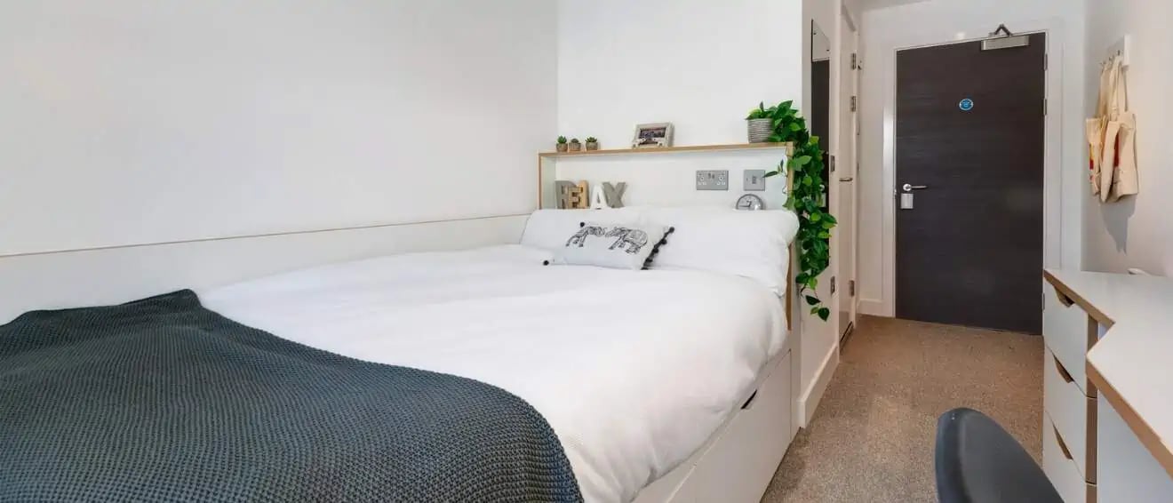 Bed with grey throw white pillows and plants bedroom at 27 Magdalen Street in Colchester Student Accommodation