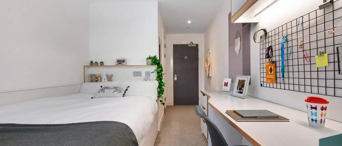 Bed desk and wall grid Bedroom at 27 Magdalen Street in Colchester Student Accommodation