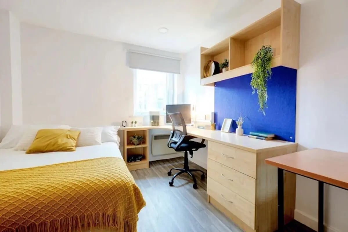 Bed desk chair computer and plants bedroom at Nottingham Two in Nottingham Student Accommodation