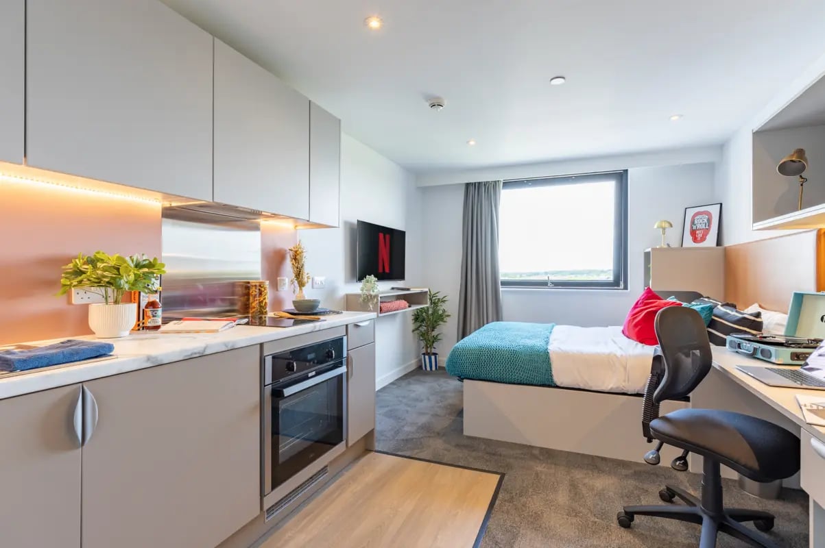Studio apartment with kitchen bed and desk at True Manchester-Salford in Salford Student Accommodation