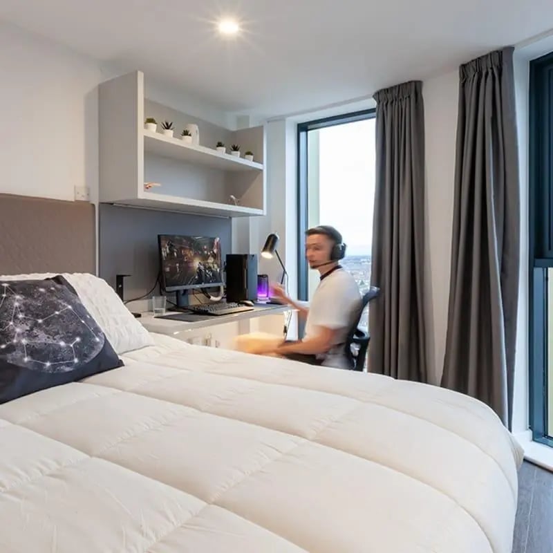 Bed desk computer shelves student bedroom at True Liverpool in Liverpool Student Accommodation
