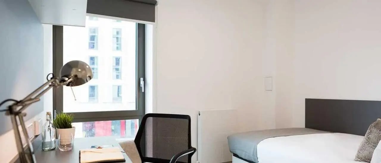 Desk chair lamp plant bed with grey headboard bedroom at Chapter Highbury II in London Student Accommodation
