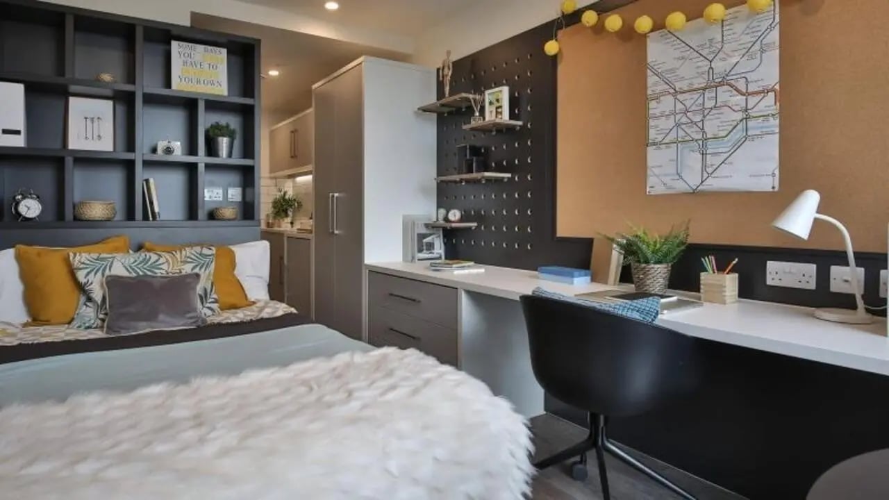 Bed desk and shelving student studio at iQ Shoreditch in London Student Accommodation