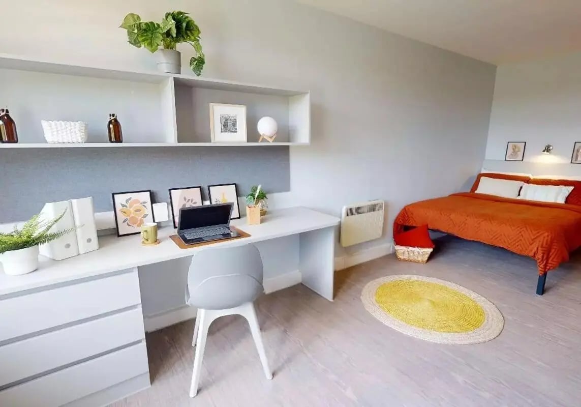 Desk bed plants pictures rug bedroom at iQ Tufnell House in London Student Accommodation