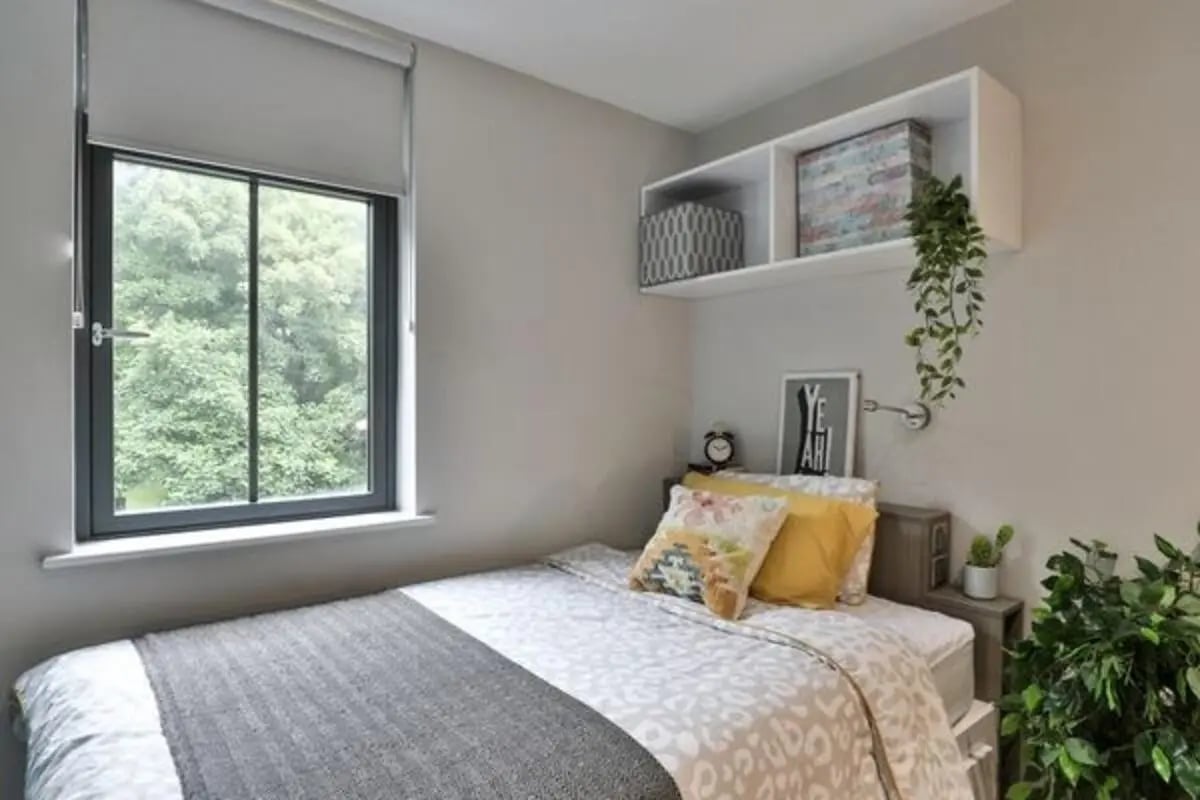 Bed pillows shelves decor and plants bedroom at St Peter Studios in Aberdeen Student Accommodation