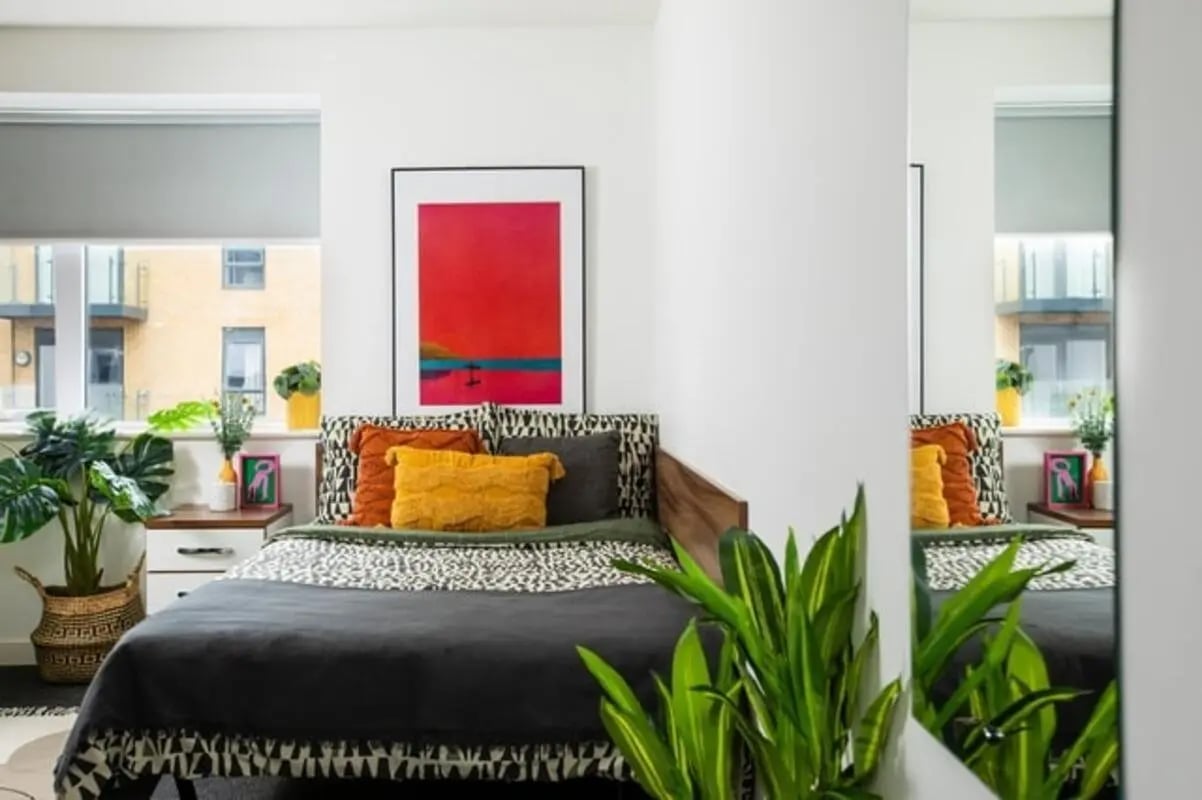 Bed with colorful pillows plant and artwork bedroom at Pier Quays in Medway Student Accommodation