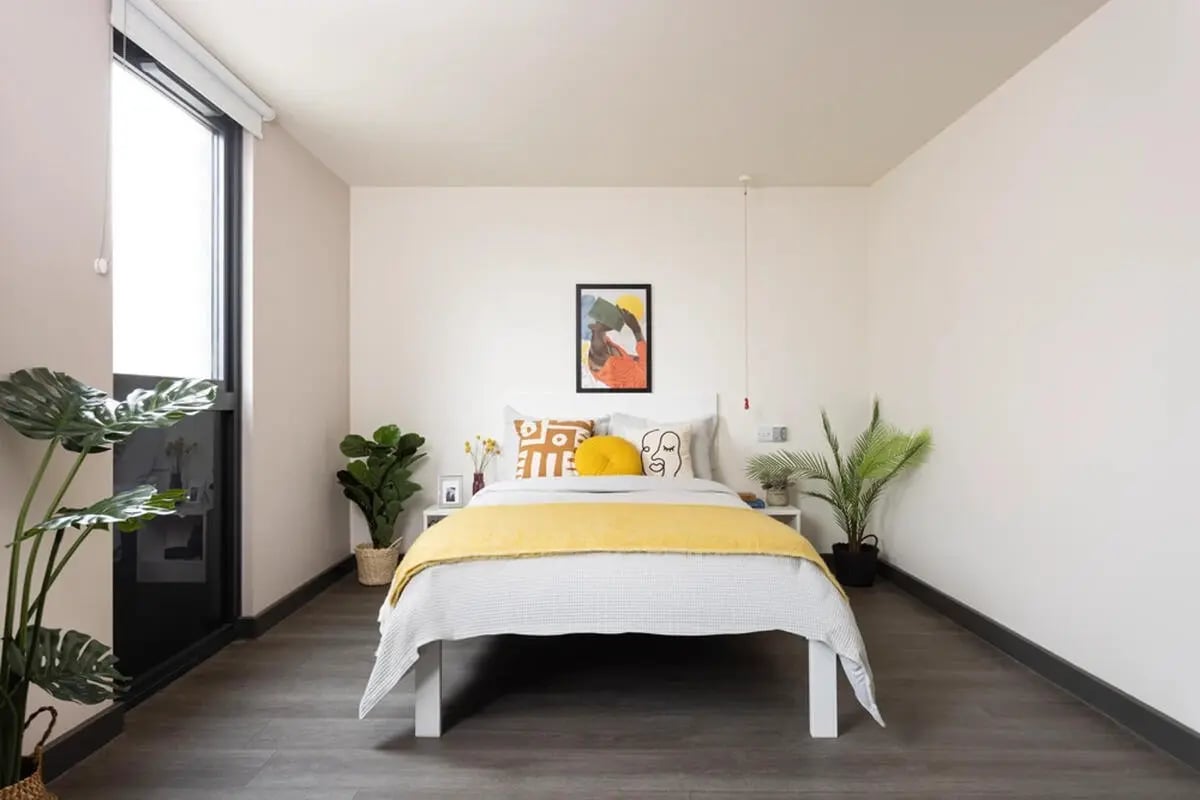 Bed with yellow blanket plants and art bedroom at Leadmill Point in Sheffield Student Accommodation