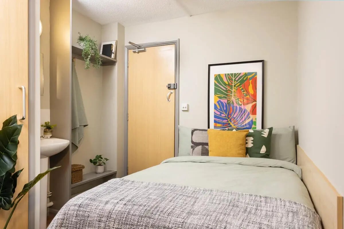 Bed sink plants and artwork student bedroom at Leadmill Point in Sheffield Student Accommodation