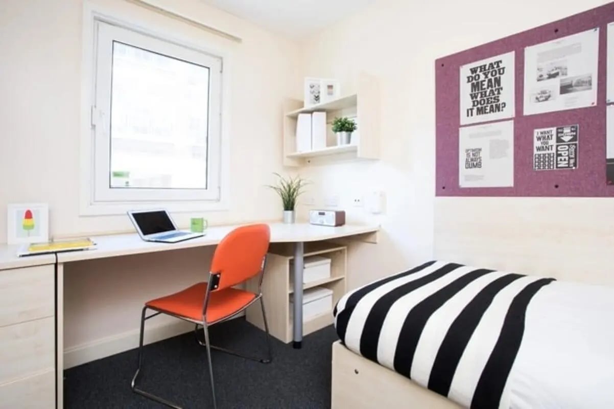 Desk laptop chair and bed Bedroom at St Martins House in Leicester Student Accommodation