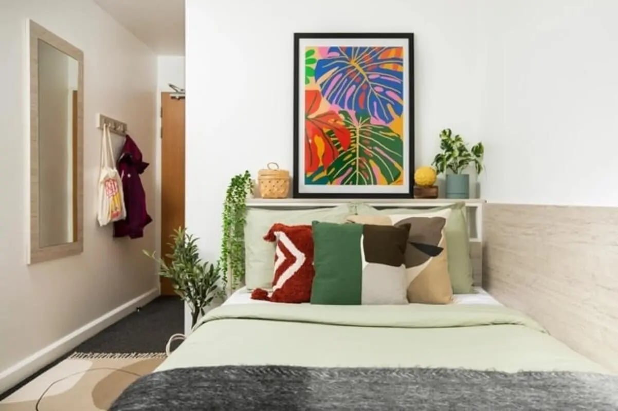Colorful art above bed with decorative pillows Bedroom at Cambrian Point in Cardiff Student Accommodation
