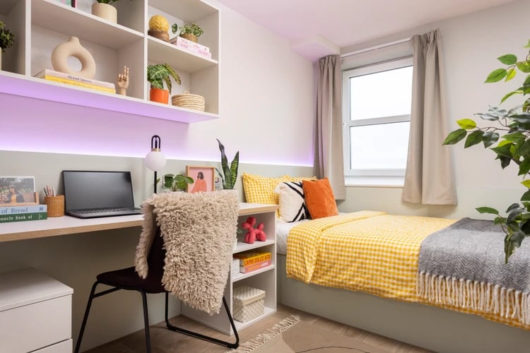 Desk bed shelves plants and window bedroom at Cedar House in Liverpool Student Accommodation