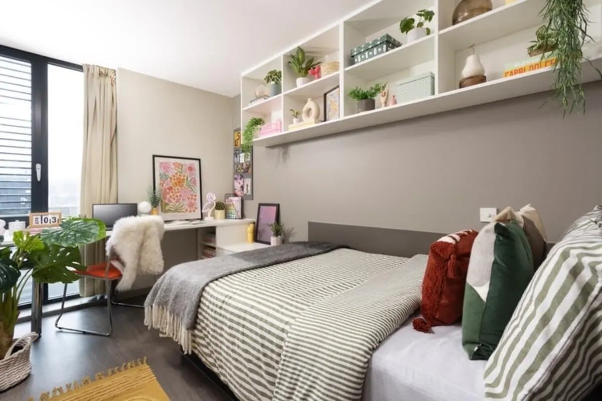 Bed desk plants shelves pillows bedroom at Causeway View in Aberdeen Student Accommodation