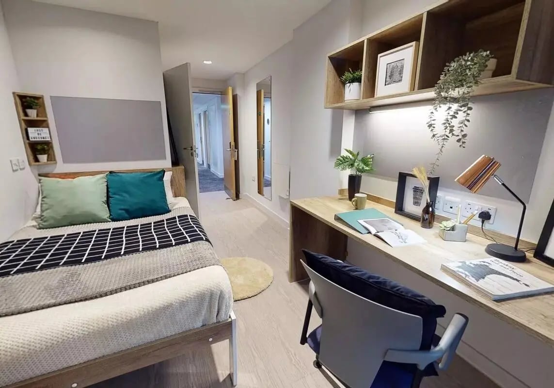 Bed desk and chair student accommodation bedroom at iQ Elgin Place in Glasgow Student Accommodation