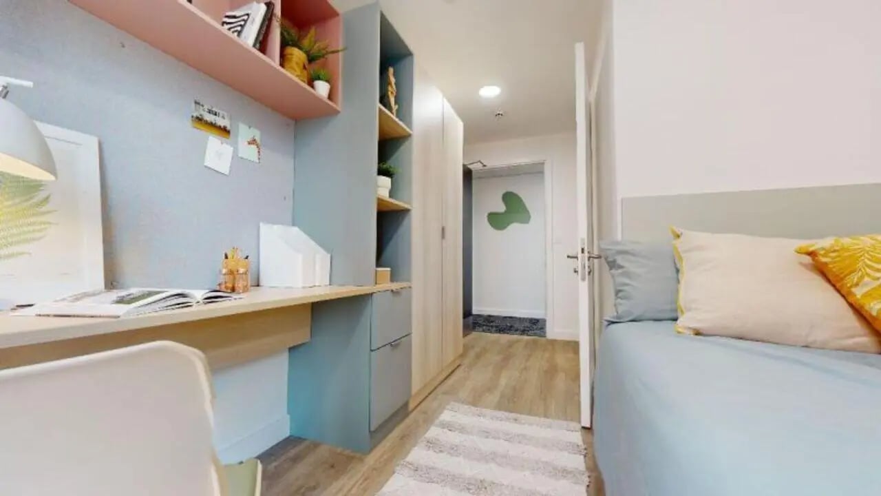 Desk bed closet and shelves bedroom at iQ Signal Place in Nottingham Student Accommodation