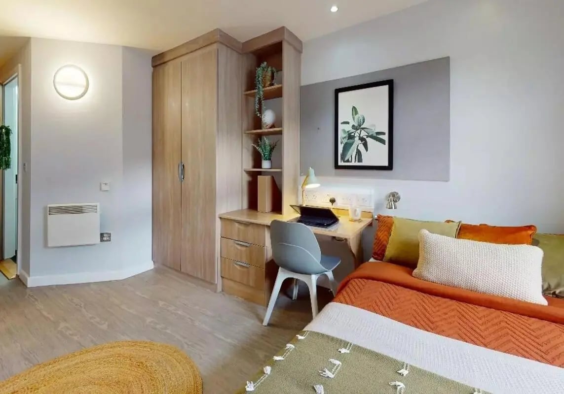 Bed desk wardrobe framed plant artwork bedroom at iQ Steel in Sheffield Student Accommodation