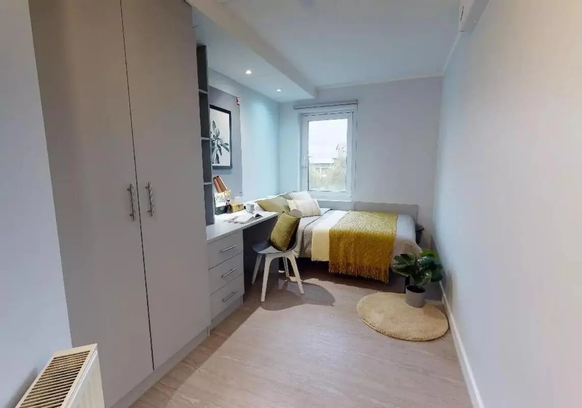 Wardrobe desk bed chair rug plant bedroom at iQ Broderick House in Birmingham Student Accommodation