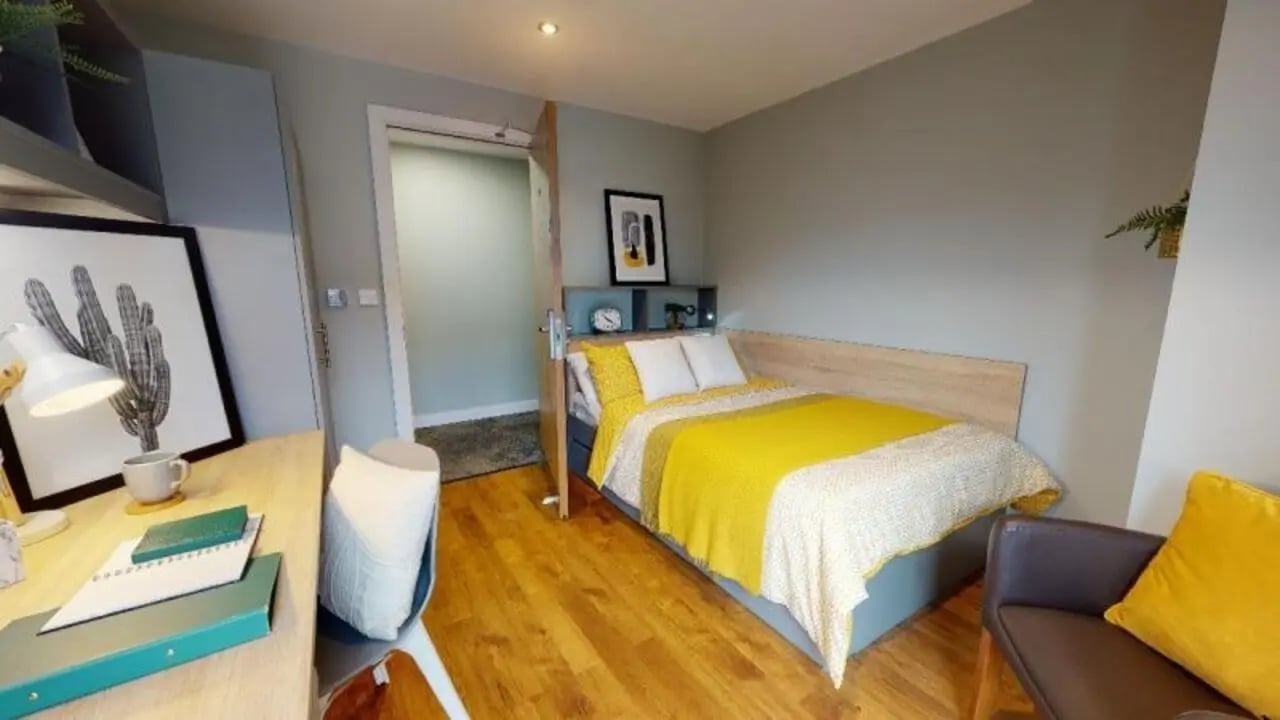 Bed desk chair with cactus art bedroom at iQ Knight House in Sheffield Student Accommodation