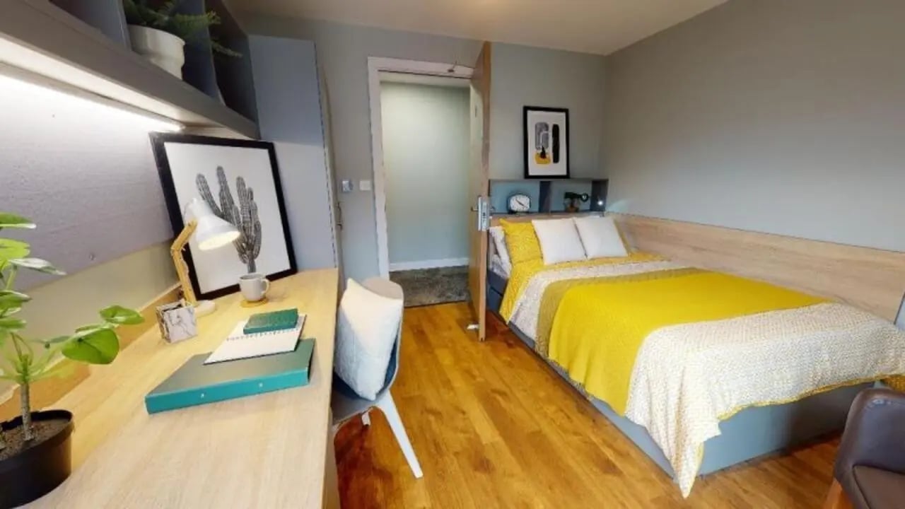 Desk plant framed art and bed with yellow blanket bedroom at iQ Knight House in Sheffield Student Accommodation