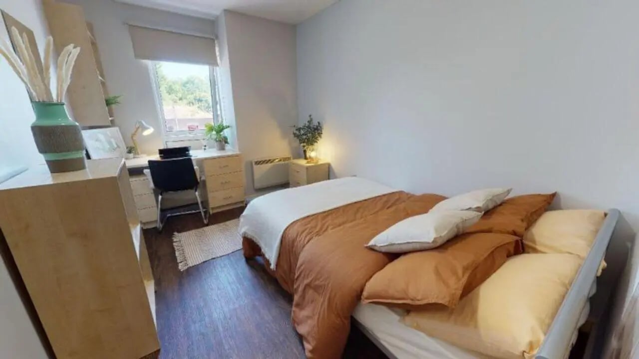 Bed desk and dresser with plant decor bedroom at iQ Fiveways House in Wolverhampton Student Accommodation