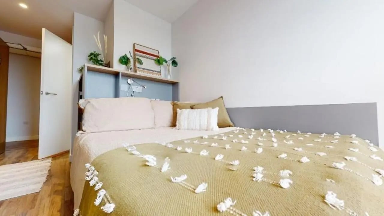 Bed pillows shelves artwork and decor bedroom at iQ Weaver Place in Coventry Student Accommodation