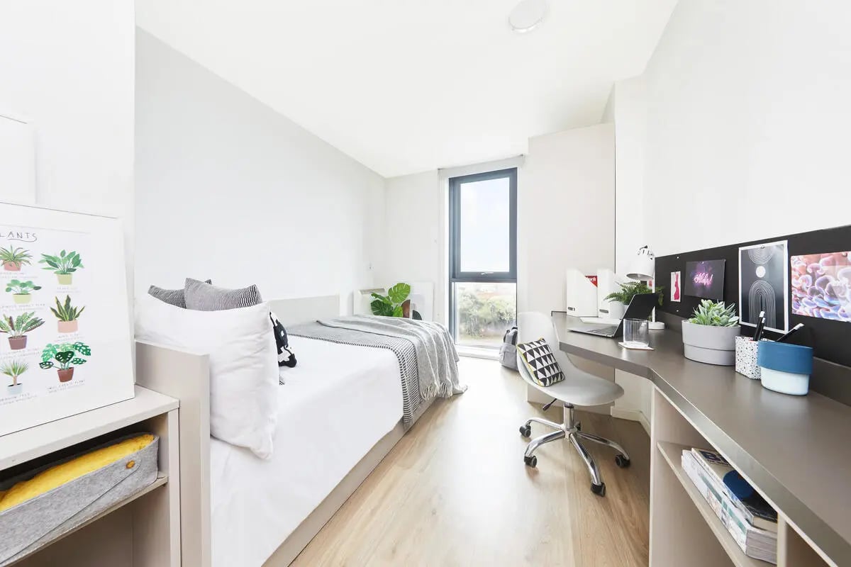 Bed desk plant wall art and chair bedroom at Collegiate Bagot Street in Birmingham Student Accommodation