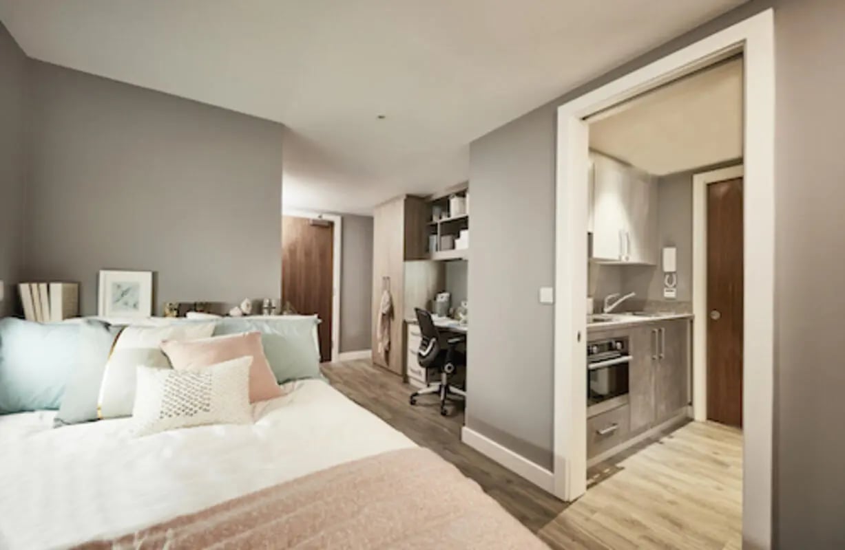 Bed study area kitchen bedroom at Collegiate Eclipse in Cardiff Student Accommodation