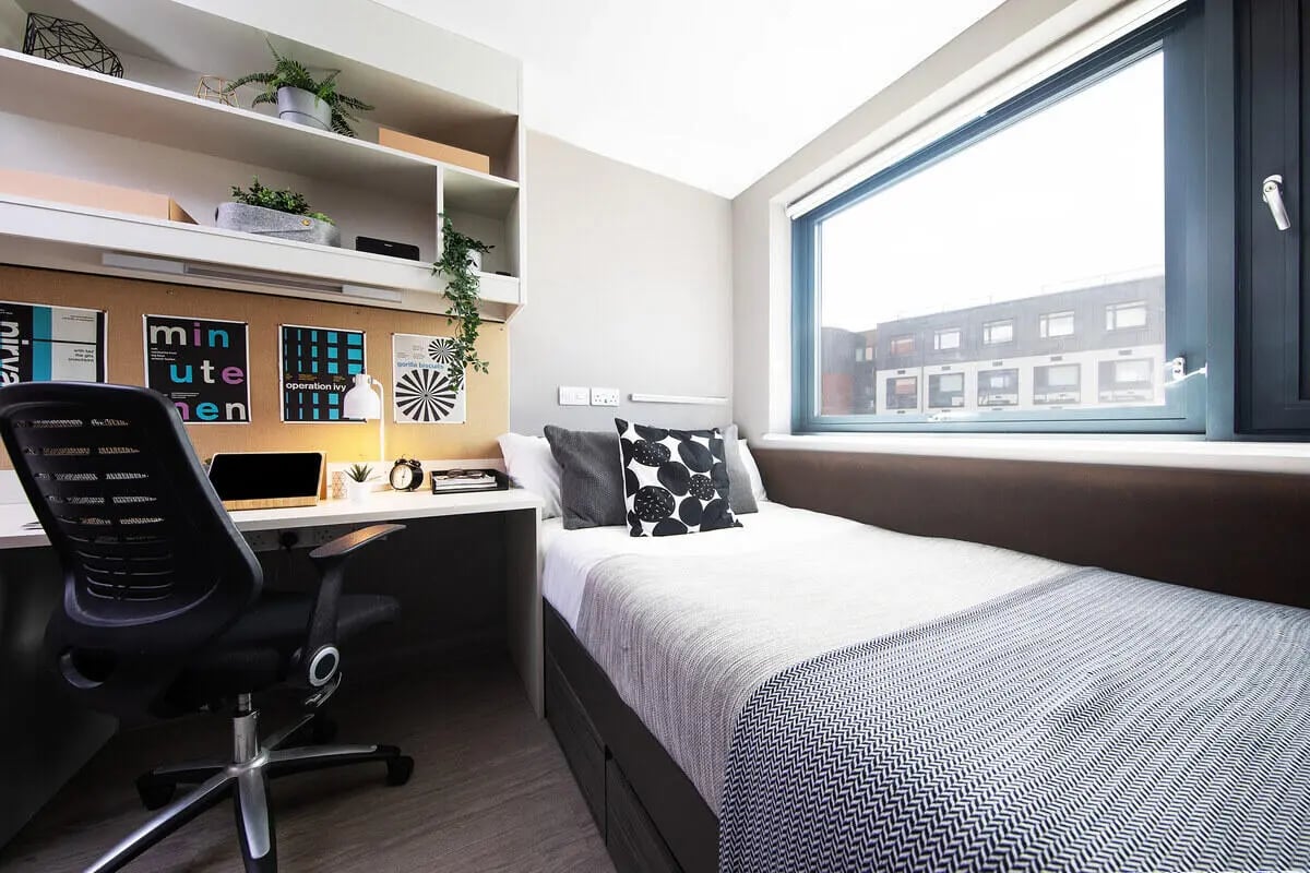Bed desk shelves with plants window bedroom at Collegiate Eclipse in Cardiff Student Accommodation