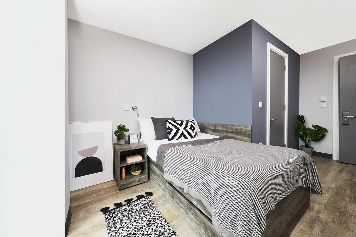 Bed with bedside table plant framed art bedroom at Collegiate Crown Place Norwich in Norwich Student Accommodation