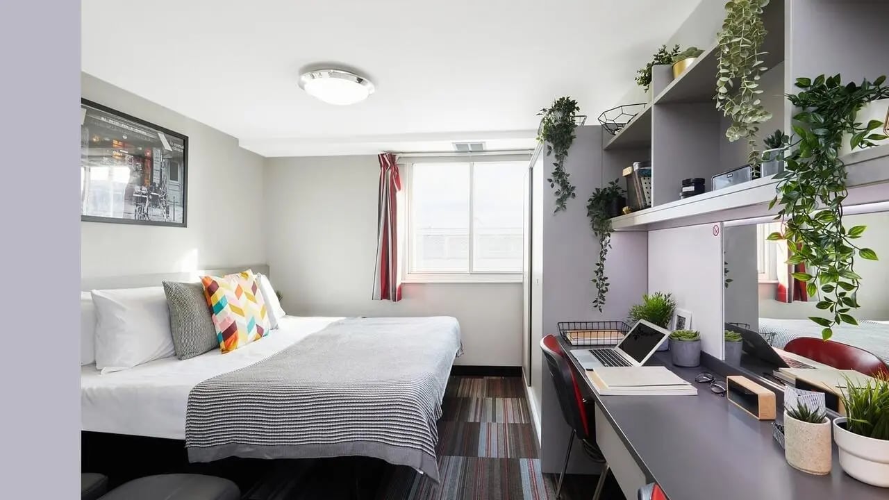 Bed desk plants and laptop bedroom study area at The Moor in Sheffield Student Accommodation