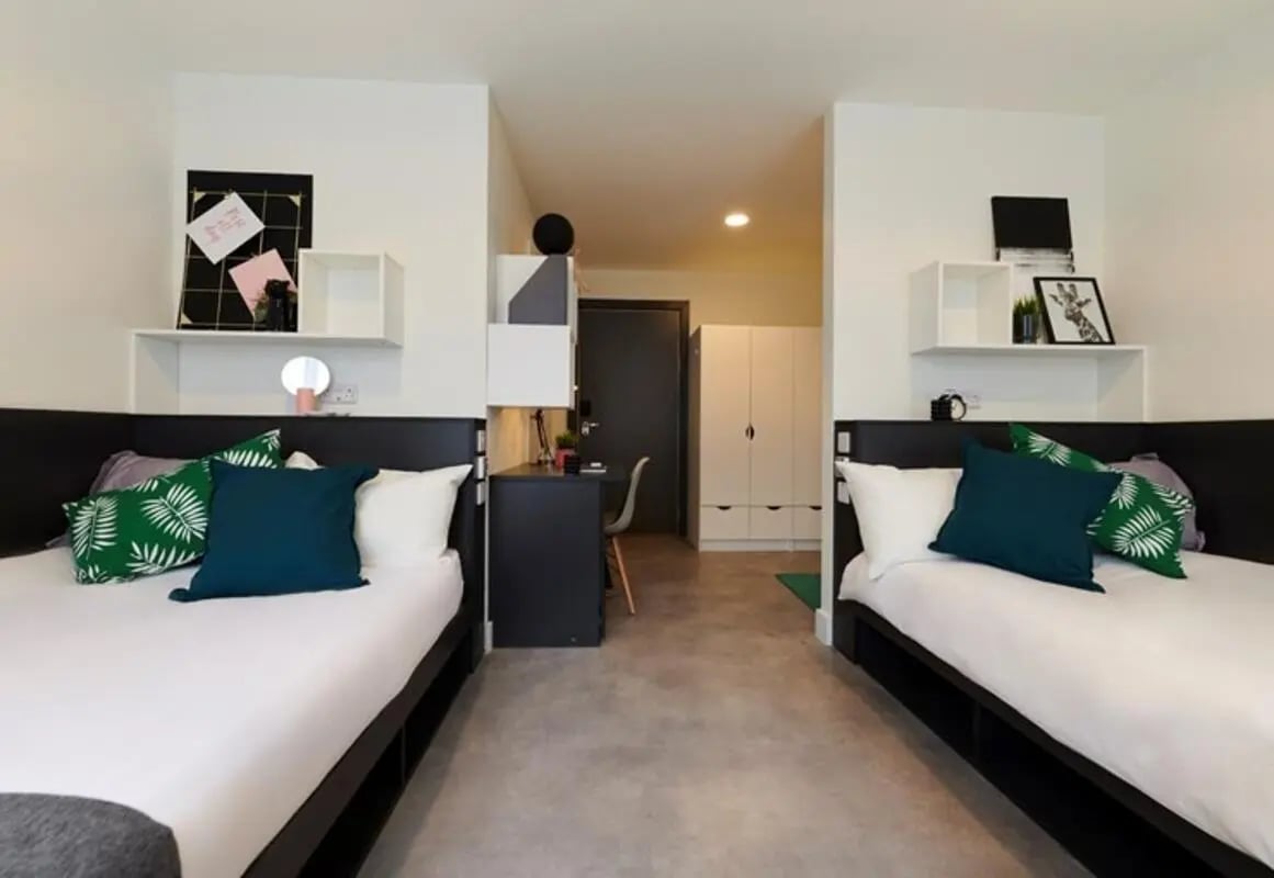 Two beds desk and wardrobe student rooms at Dorset Point in Dublin Student Accommodation