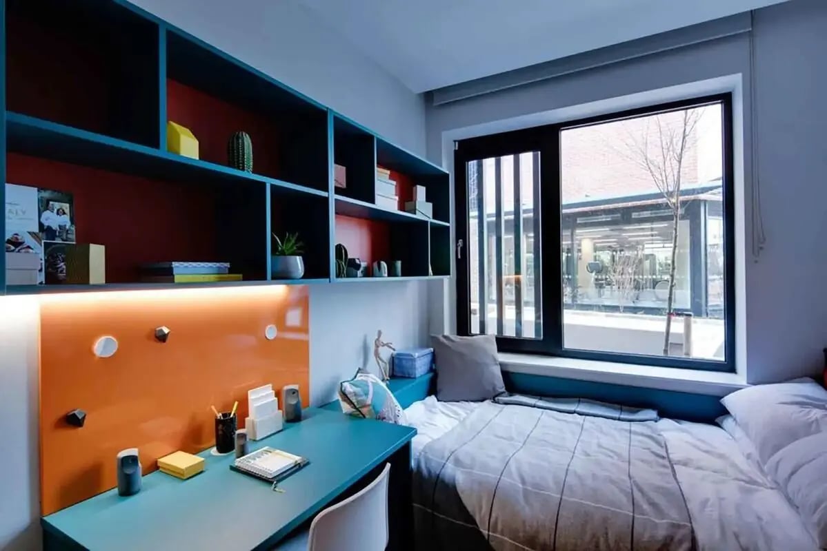 Bed desk shelves with cactus and books bedroom at Highfield House in Dublin Student Accommodation