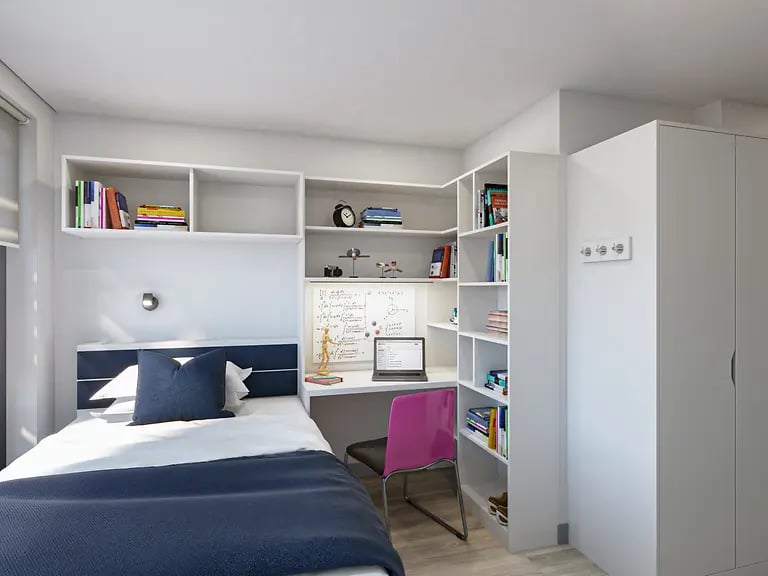 Bed desk shelves and wardrobe bedroom study area at Brewers Close in Dublin Student Accommodation