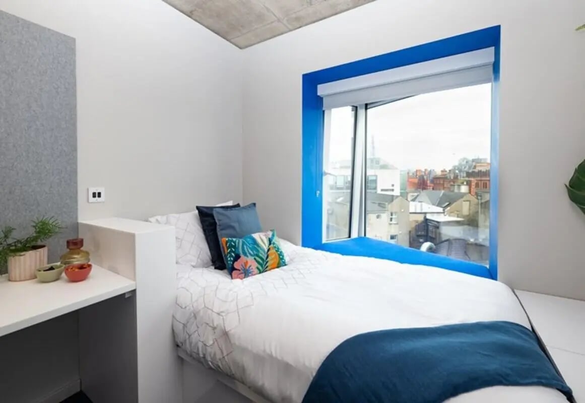 Bed pillows desk and plants bedroom at Stephen's Quarter in Dublin Student Accommodation