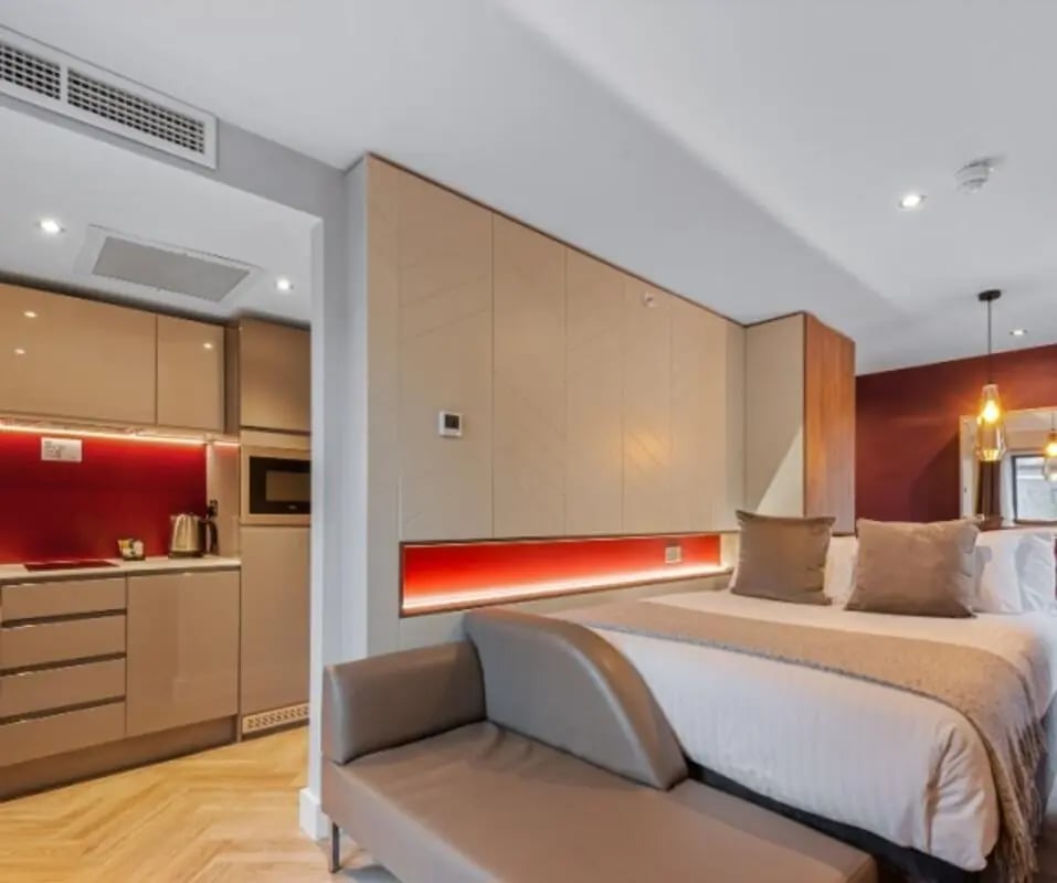 Kitchen sofa bed and modern studio bedroom at IconInc Newcastle City in Newcastle Upon Tyne Student Accommodation