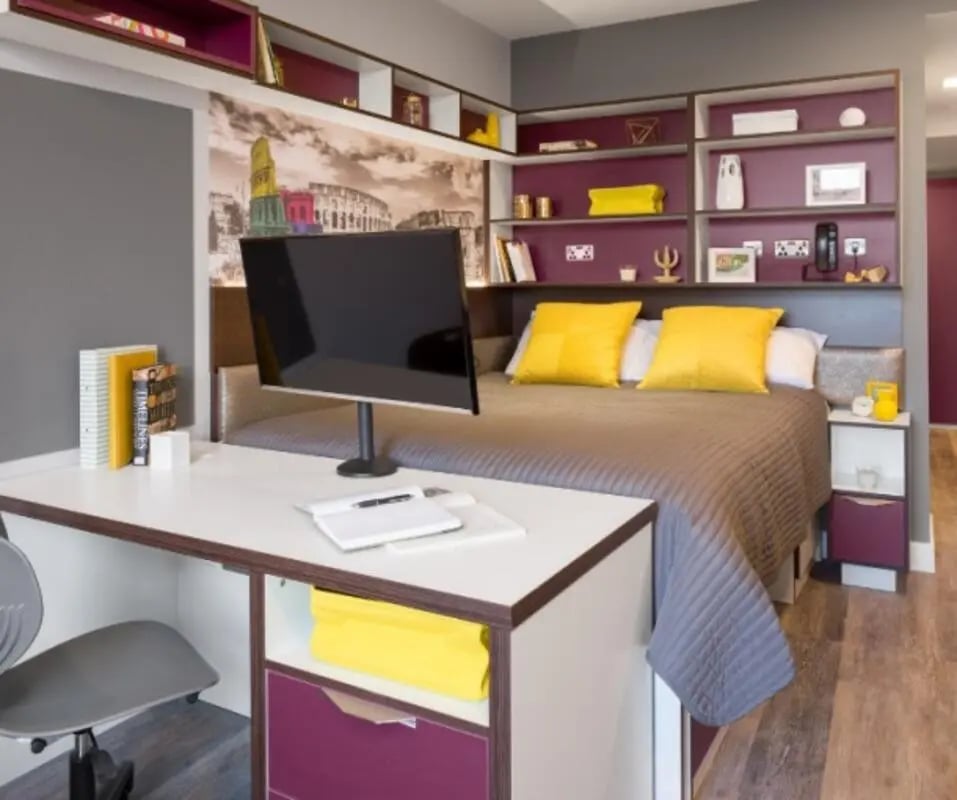Bed desk shelves and television bedroom at The Ascent in Liverpool Student Accommodation