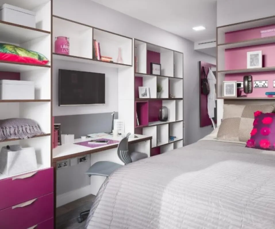 Bed desk shelves TV and storage Bedroom at The Ascent in Liverpool Student Accommodation