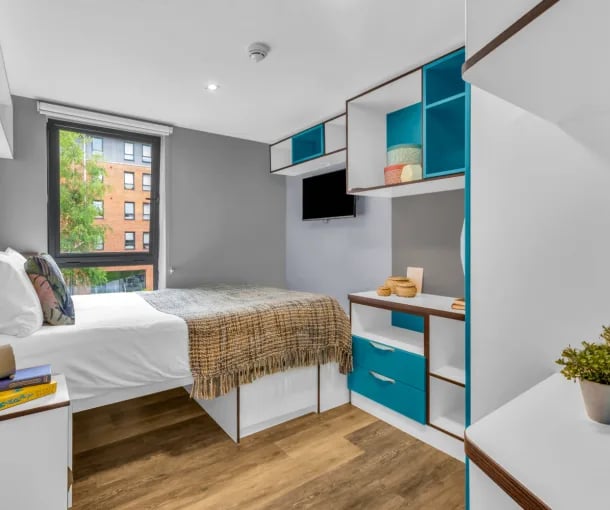 Bed TV shelves storage drawers bedroom at The Glassworks - Leeds in Leeds Student Accommodation