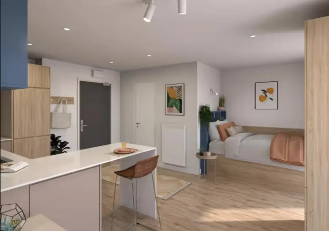 Studio apartment kitchen bar and bed Bedroom at The Artisan in Dublin Student Accommodation