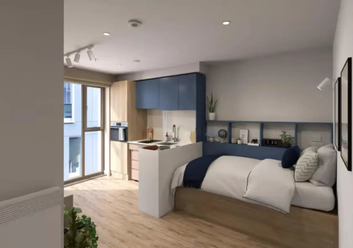 Bed with kitchen and study area studio at The Artisan in Dublin Student Accommodation