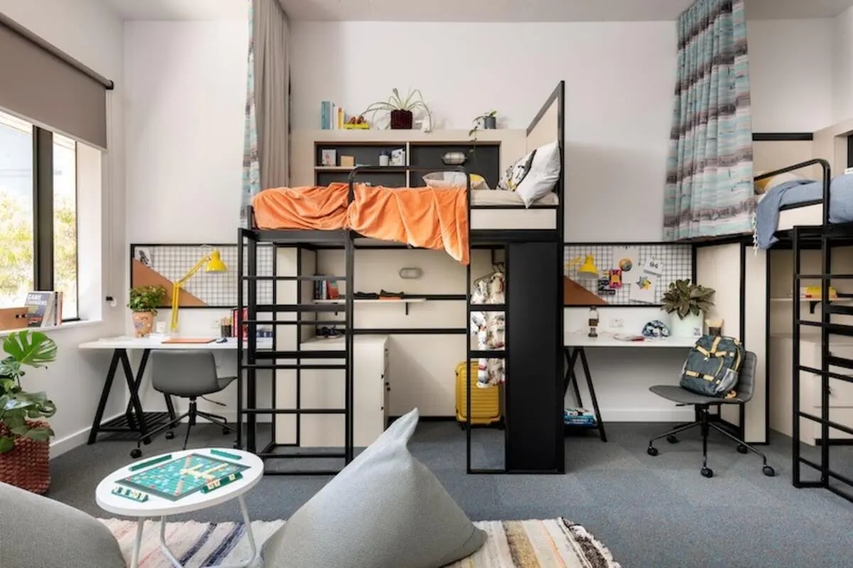 Bunk beds desks chairs and beanbags Student room at Campus Perth in Perth Student Accommodation